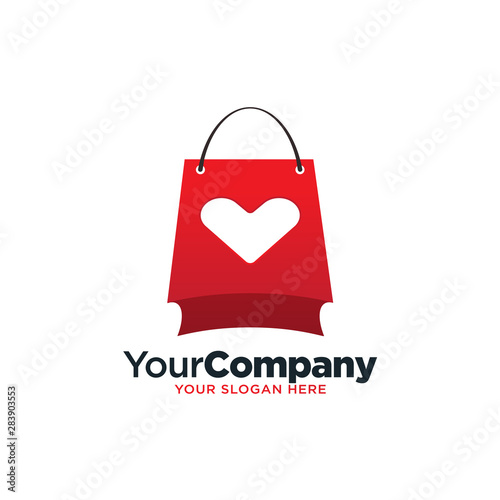 Heart shape shopping bag logo illustration template, red valentine present love theme