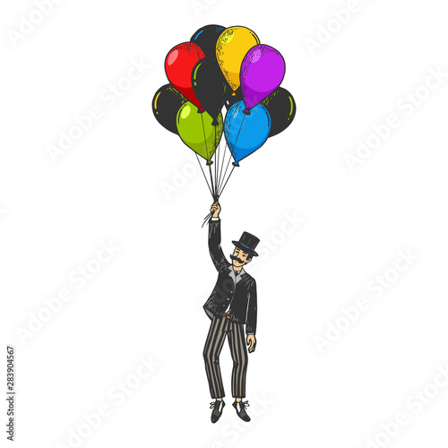 Old fashioned gentleman flying on air balloons color sketch engraving vector illustration. Scratch board style imitation. Black and white hand drawn image.