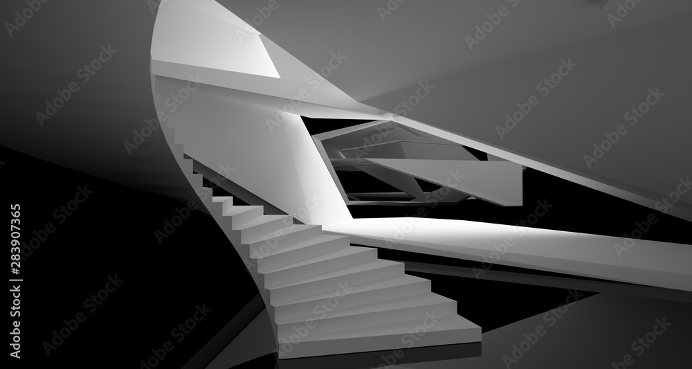 Abstract architectural white and black gloss interior of a minimalist house with large windows.. 3D illustration and rendering. Abstract architectural white and black gloss interior of a minimalist house with large windows.. 3D illustration and rendering.