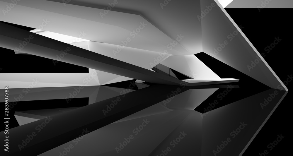 Abstract architectural white and black gloss interior of a minimalist house with large windows.. 3D illustration and rendering.