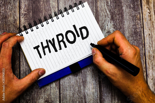Writing note showing Thyroid. Business photo showcasing Gland in neck Secretes hormones regulating growth and development.