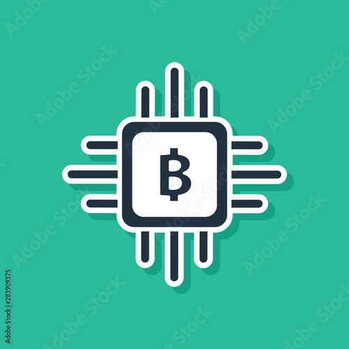 Blue CPU mining farm icon isolated on green background. Bitcoin sign inside processor. Cryptocurrency mining community. Digital money. Vector Illustration