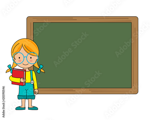 Cute girl with a book in her hand and a blackboard background. Space for text