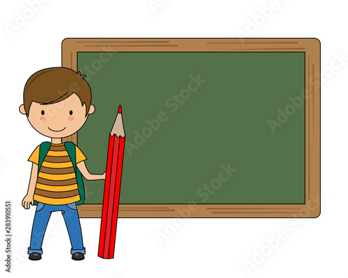 Boy with backpack and a pencil in his hand with a blackboard in the background. space for text