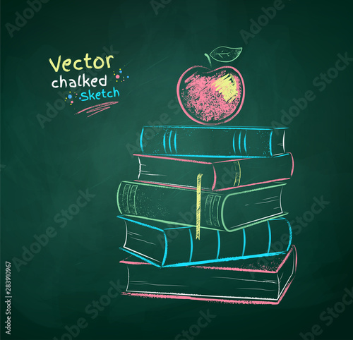 Chalk drawn illustration of apple on books