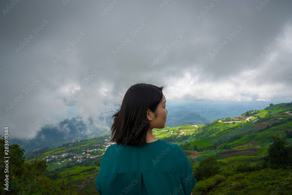 young cute Japanese Asian hipster girl travelling at beautiful sky  mountains scenery park hiking views at Phu Thap Boek Phetchabun Thailand guiding  idea for female backpacker woman women backpacking