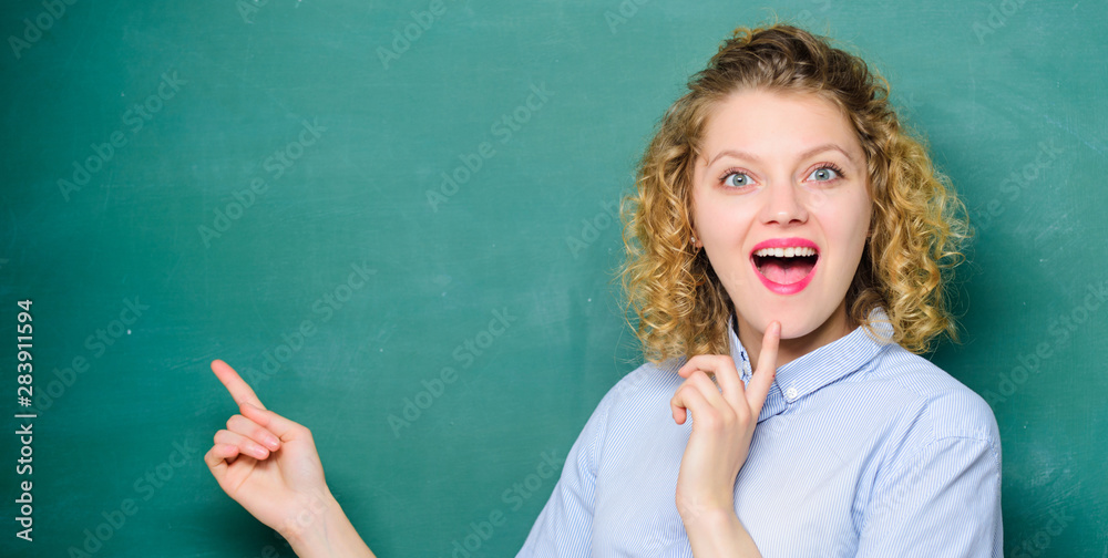 concept of inspiration. back to school. woman likes studying. happy student at blackboard. woman teacher at school lesson. education. Students life. knowledge day. empty blackboard information