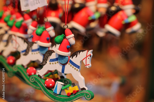 Wooden toys for sale at Christmas market in Dresden, Germany.