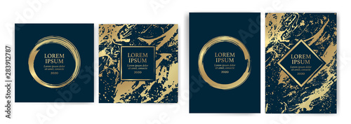 Set of design templates with golden texture background and gold strokes. Effect luxury, elegance, exclusive, premium, VIP. Wedding invitation, events, parties, covers, promotions, decoration.