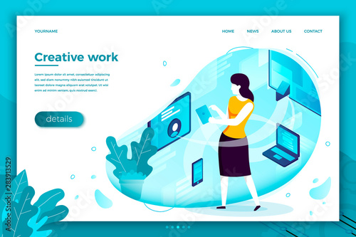Vector concept illustration -  creative work process, freelance girl with devices. Modern bright banner, site template with place for your text.