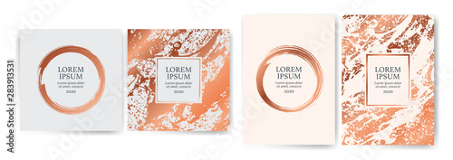 Set of design templates with golden texture background and gold strokes. Effect luxury, elegance, exclusive, premium, VIP. Wedding invitation, events, parties, covers, promotions, decoration.