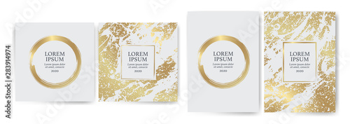 Set of design templates with golden texture background and gold strokes. Effect luxury, elegance, exclusive, premium, VIP. Wedding invitation, events, parties, covers, promotions, decoration.