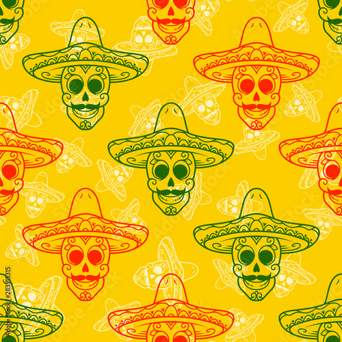 Mexican Sugar Skull with Hat Halloween Seamless Pattern