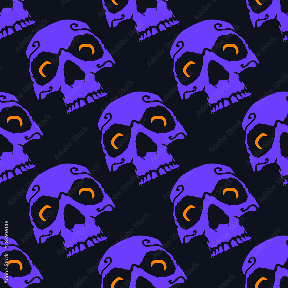 Purple Skull with Orange Eyes Halloween Seamless Pattern Purple Skull with Orange Eyes Halloween Seamless Pattern