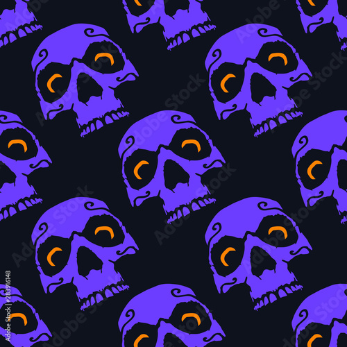 Purple Skull with Orange Eyes Halloween Seamless Pattern