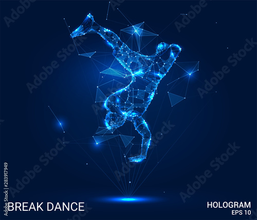Hologram break dance. The dancer stands on his hands of polygons, triangles of points and lines. Break dance is a low poly connection structure. Technology concept.