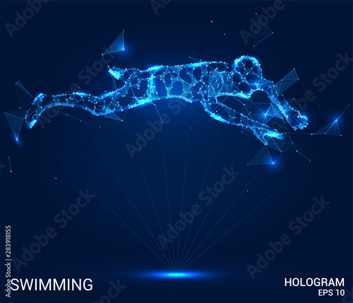 Hologram swimming. Swimmer of polygons, triangles of points and lines. Swimming is a low poly connection structure. Technology concept.