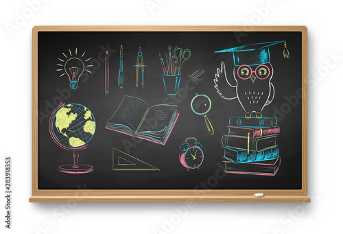 Color chalk drawn illustrations of education items