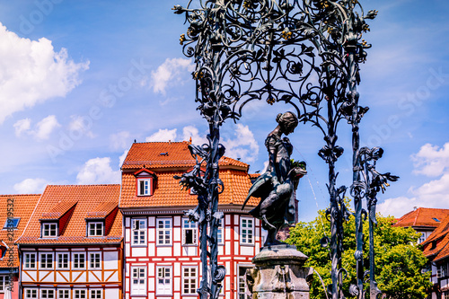 Center of Göttingen Old Town. The market square with the landmark Gänseliesel fountain. Göttingen is one of the oldest university city in Germany