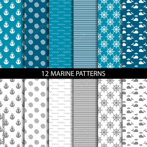 Set of marine and nautical backgrounds in navy blue and white colors. Sea theme. Cute seamless patterns collection. Vector illustration.