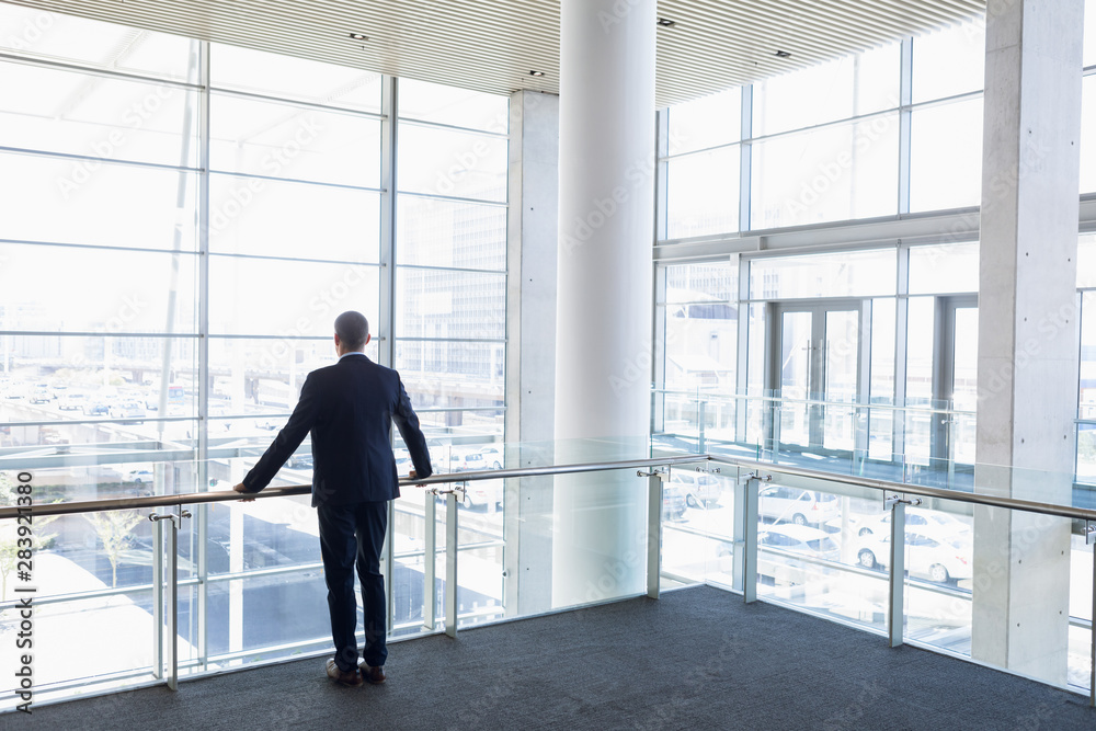 Back view of businessman looking out of office window Back view of businessman looking out of office window