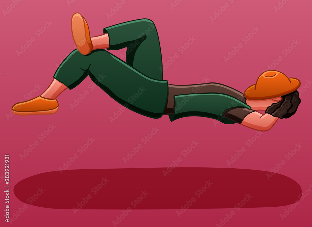 A white-skinned guy levitates in the air lying on his back and putting his hands under his head. His face is covered with a hat. There is shadow below him on the ground. Pink background, vector. A white-skinned guy levitates in the air lying on his back and putting his hands under his head. His face is covered with a hat. There is shadow below him on the ground. Pink background, vector.