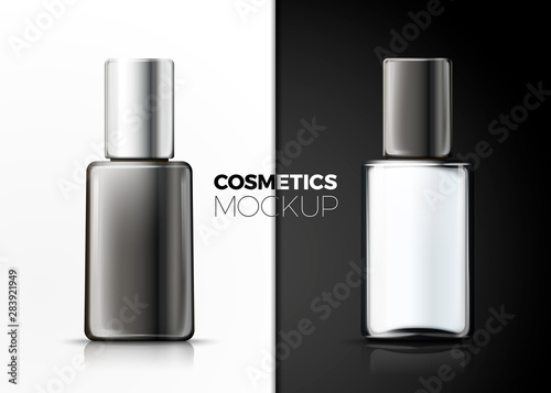 Vector set - 3d realistic glass nail polish bottle, standing on the table, isolated on black and white backgrounds with reflection.  Mock-up for product package branding.