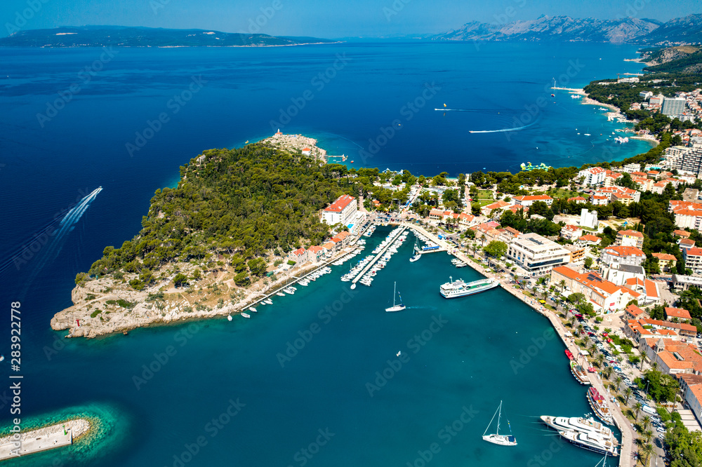 An aerial view of Makarska, a beautiful city located in Croatia