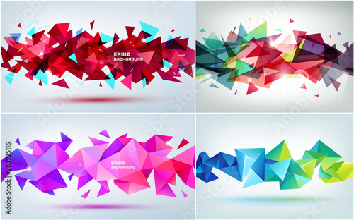 Vector set of abstract geometric 3d facet shapes. Use for banners, web, brochure, ad, poster, etc. Low poly modern style background.