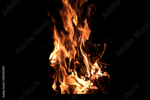 Fire bonfire on a black background, natural flame