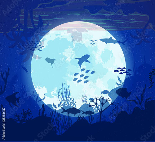 Fantasy World, Dream. Ocean under the moon. Vector illustration