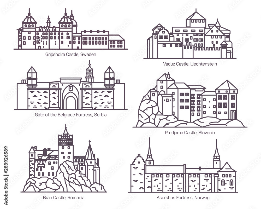 Set of castles in thin line. Europea buildings