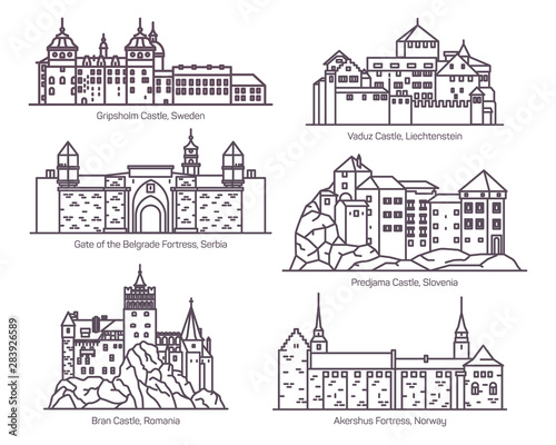 Set of castles in thin line. Europea buildings