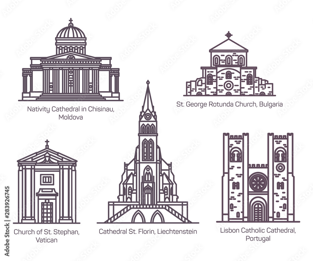 European church and cathedral buildings, line set