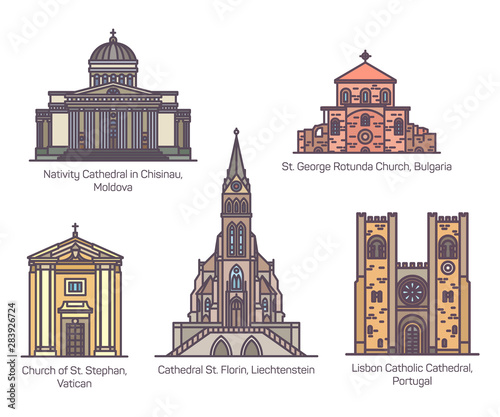 Set of isolated european catholic churches in line