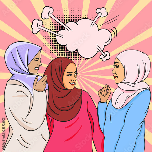 Pop-art image of three beautiful young islamic women in hijabs talking and laughing, standing against bright colorful background with thoughts balloon ahead. Vector illustration