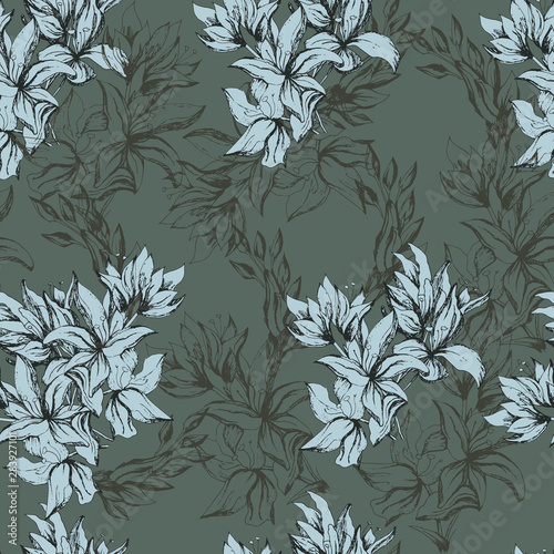 Background of contour spring flowers drawn in ink on a green background. Vintage texture for fabric, tile, wallpaper.