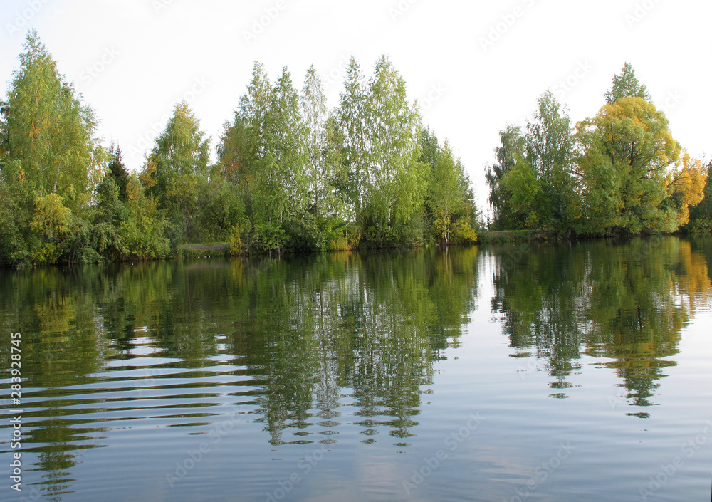 Autumn forest on the lake is reflected in the water Autumn forest on the lake is reflected in the water