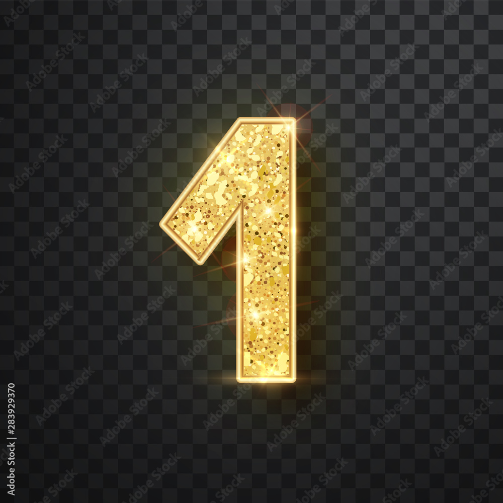 Gold glitter numbers one with shadow. Vector realistick shining golden