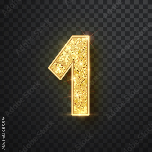 Gold glitter numbers one with shadow. Vector realistick shining golden font figure 1 lettering of sparkles on black background. For decoration of cute wedding, anniversary, party, label, headline