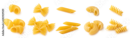 Different types of pasta on white background isolated