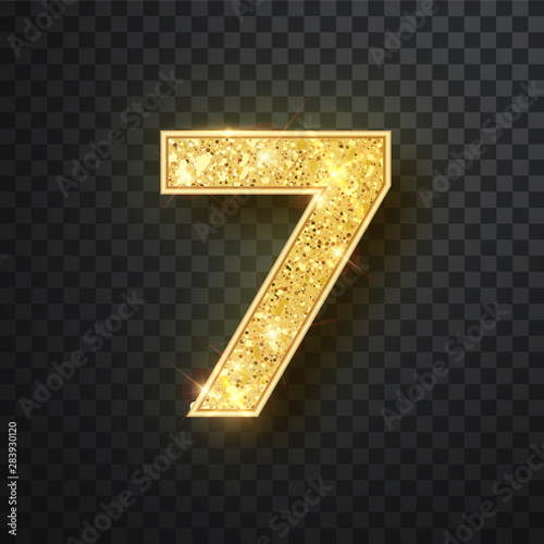 Gold glitter numbers seven with shadow. Vector realistick shining golden font figure 7 lettering of sparkles on black background. For decoration of cute wedding, anniversary, party, label, headline