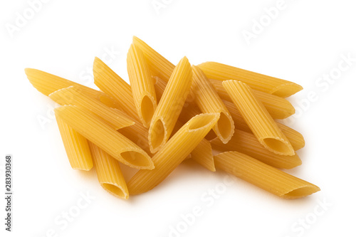 Group Penne Rigate shape of pasta on white background isolated