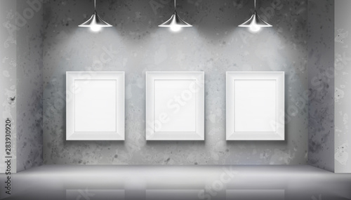 Hanging empty frames in art gallery. Empty space for exhibition. Vector illustration.