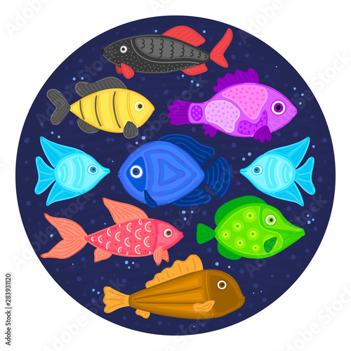 Vector colorful cartoon fish in circular shape. Undersea world. Aquarium. Cute marine life. Pisces. Brochure, flyer, label, cover, poster, banner, package, presentation, print on clothes, card. Eps10