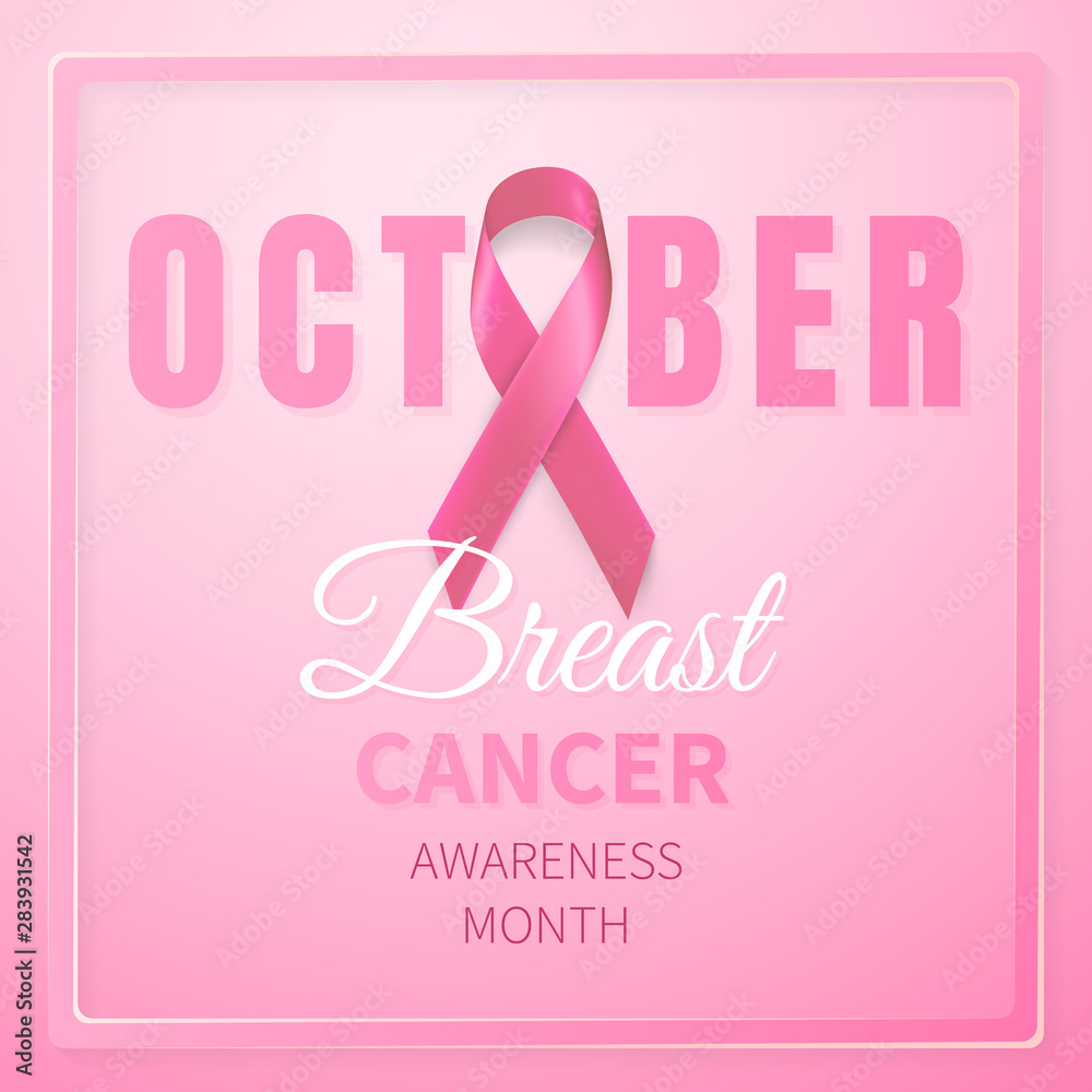 Plakat October breast cancer awareness month in. Realistic pink ribbon symbol. Medical Design. Vector illustration