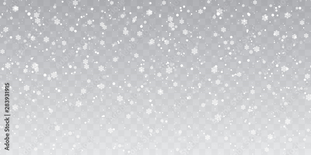 Christmas snow. Heavy snowfall. Falling snowflakes on transparent background. White snowflakes flying in the air. Vector illustration