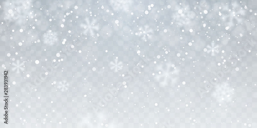 Christmas snow. Heavy snowfall. Falling snowflakes on transparent background. White snowflakes flying in the air. Vector illustration © Oleh