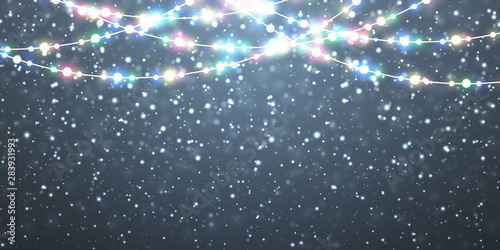 Christmas snow. Falling white snowflakes on dark background. Xmas Color garland, festive decorations. Glowing christmas lights. Vector snowfall, snowflakes flying in winter air