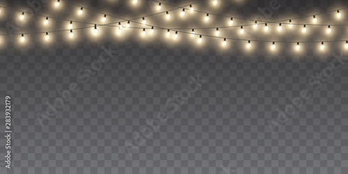 Xmas Color garland, festive decorations. Glowing christmas lights transparent effect decoration on dark background. Vector illustration